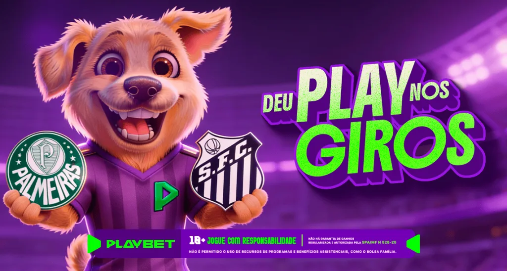 Imagem ilustrativa da promoção Deu Play nos Giros, envolvendo o jogo Palmeiras x Santos, na PlayBet