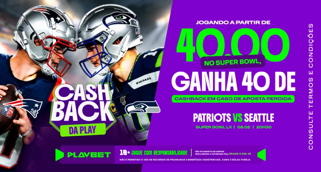 Imagem ilustrativa da promoção da "100% De Cashback Super Bowl" da PlayBet