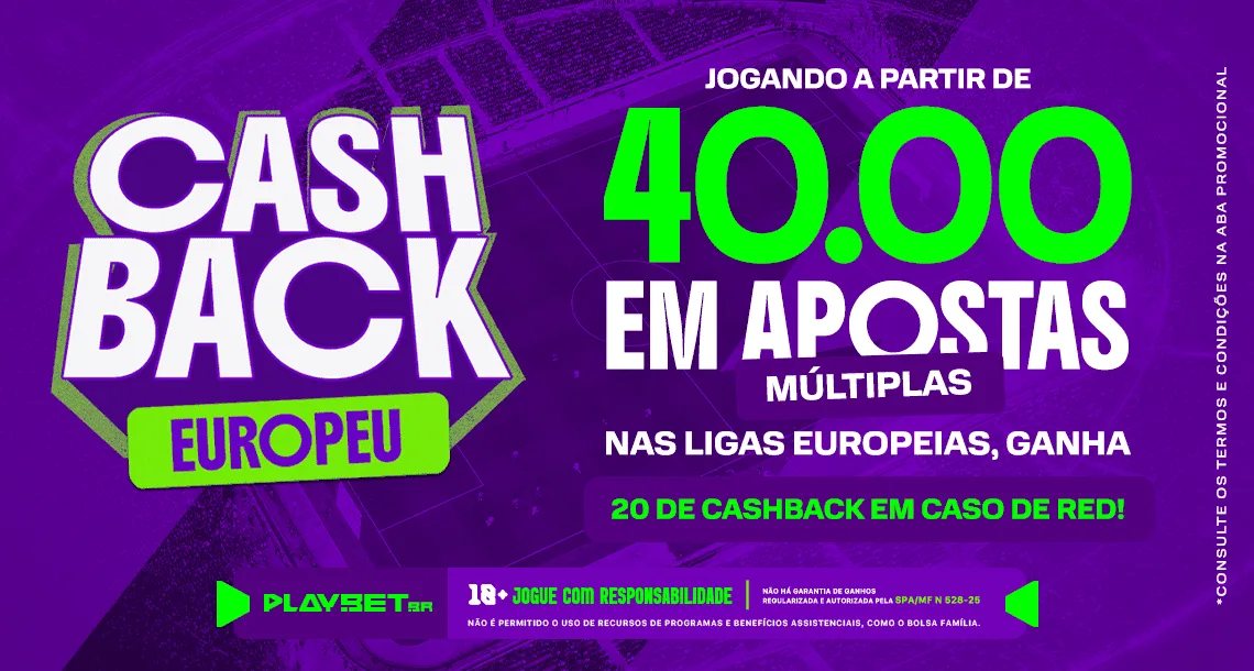 Imagem ilustrativa da promoção "Cashback da Play", da Play.Bet.br, envolvendo 5 ligas europeias