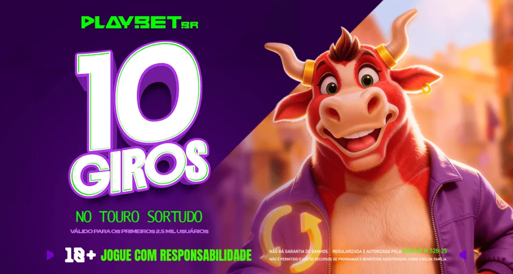 Imagem ilustrativa da promoção da Play, valendo 10 giros grátis no Touro Sortudo