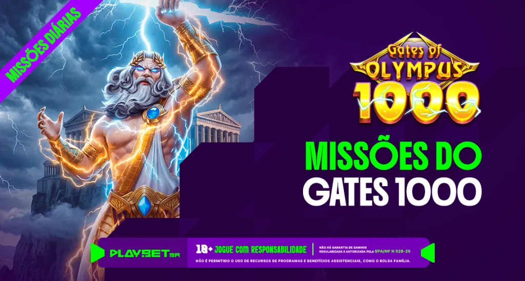 Imagem ilustrativa das Missões Play, envolvendo o jogo Gates of Olympus 1000, na Play.Bet.br
