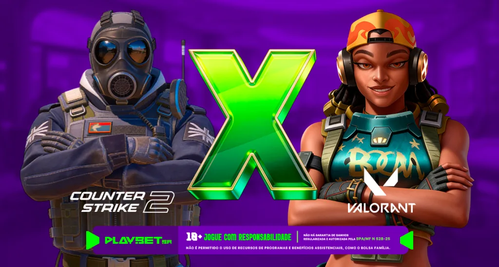 Imagem ilustrativa sobre a diferença de apostar entre CS2 ou Valorant, na Play.