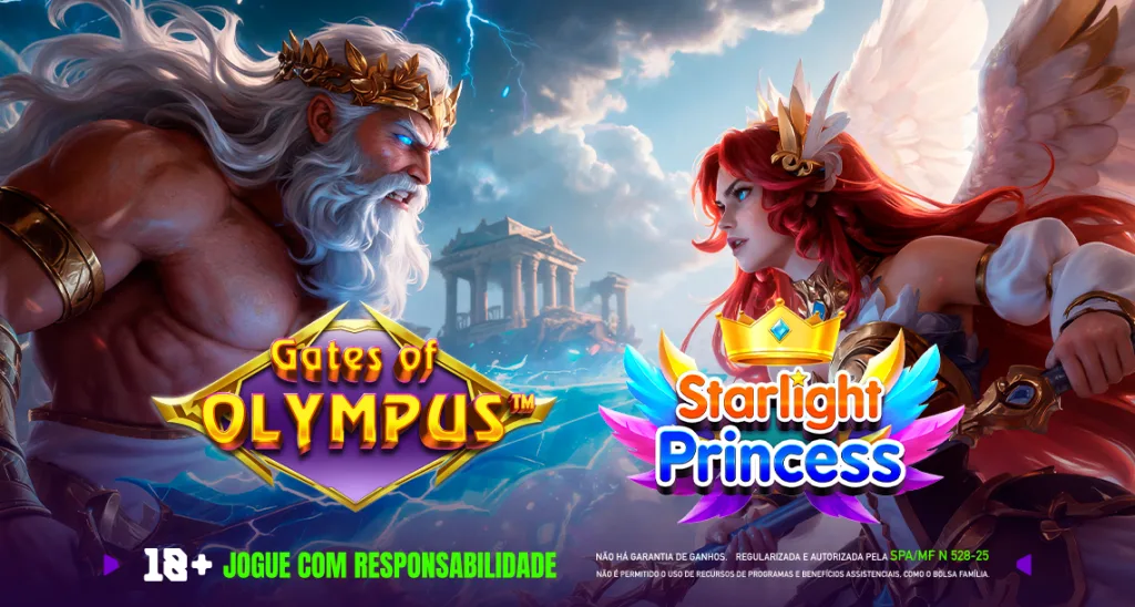 Imagem ilustrativa sobre a diferença entre os slots Starlight Princess x Gates of Olympus, disponíveis na Play.bet.br.
