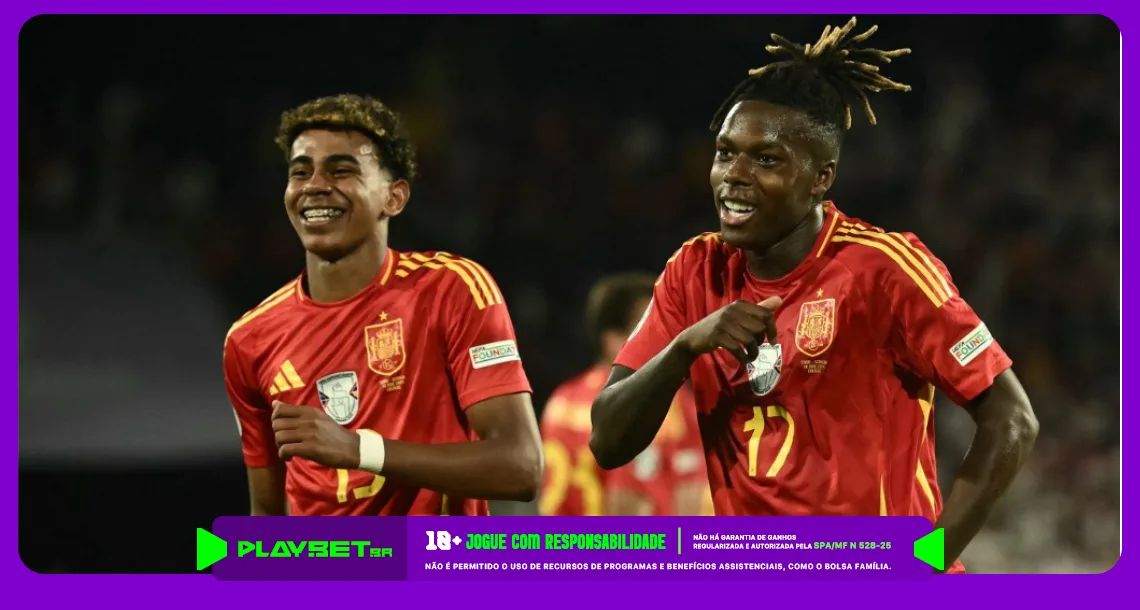 Imagens dos jogadores Lamine Yamal e Nico Williams, do time da Espanha. Foto: AFP.