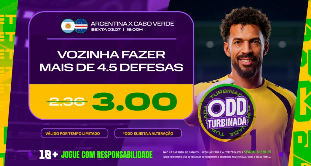 Imagem ilustrativa sobre a Odd Turbinada da Play para Vozinha no jogo entre Argentina x Cabo Verde